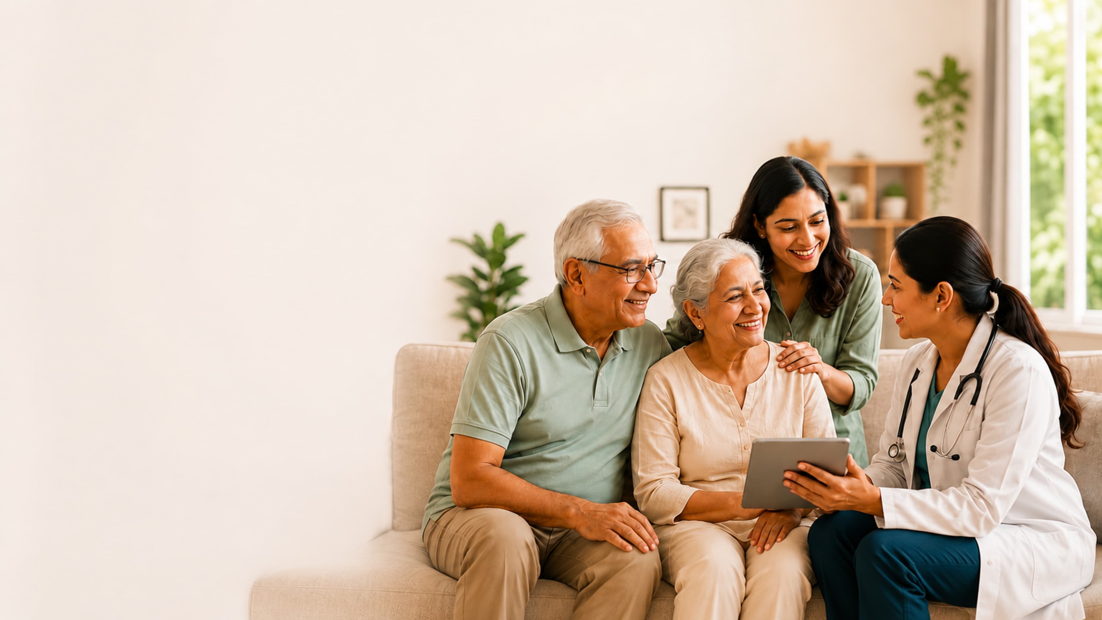 Caring doctor with elderly patient at home