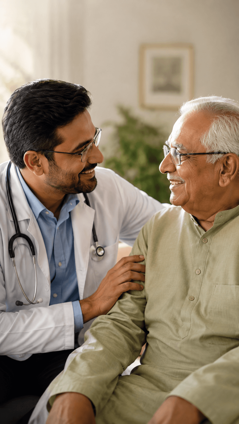 Caring doctor with elderly patient at home